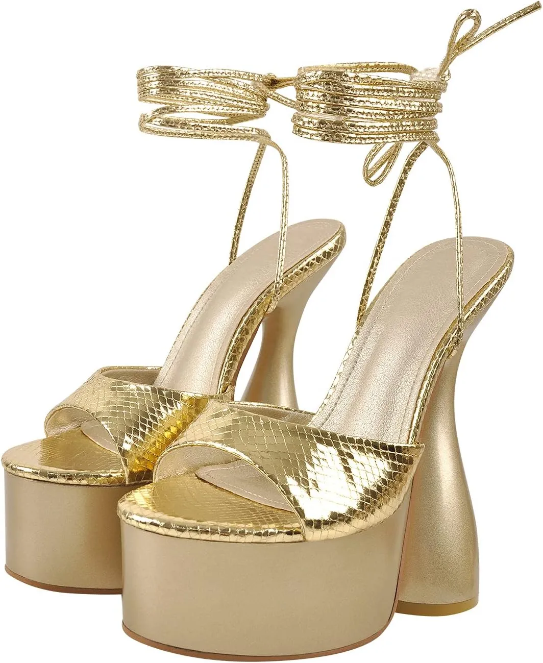 richealnini Women's Clear Band Lace Up Block High Heeled Sandals