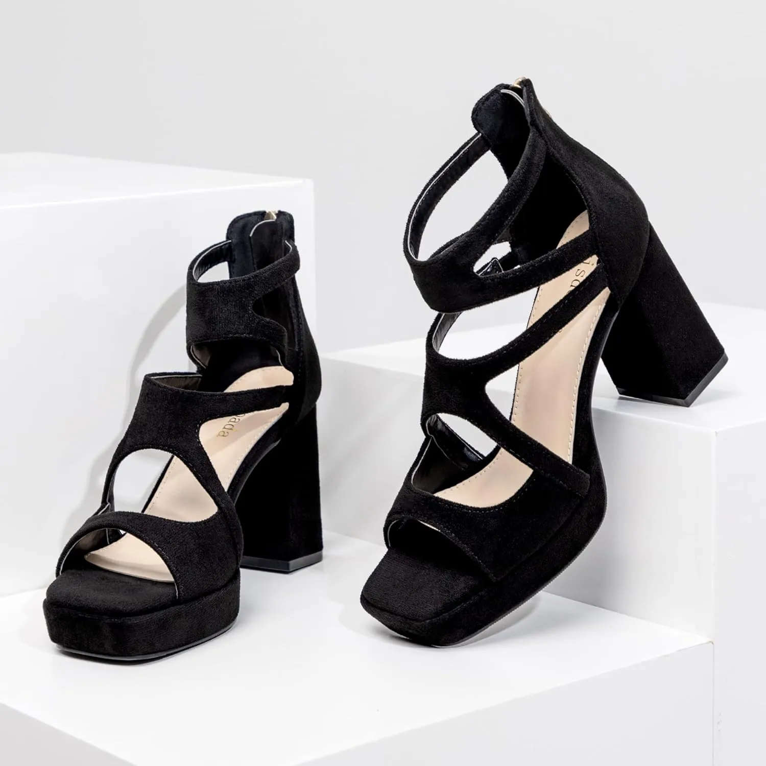 risdoada Platform Heels 3.54 Inches Chunky Block Heeled Sandals for Women Comfortable Suede Open Toe Hollow Out High Heels Pumps