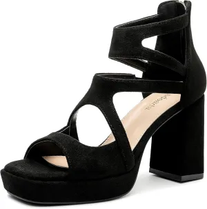 risdoada Platform Heels 3.54 Inches Chunky Block Heeled Sandals for Women Comfortable Suede Open Toe Hollow Out High Heels Pumps