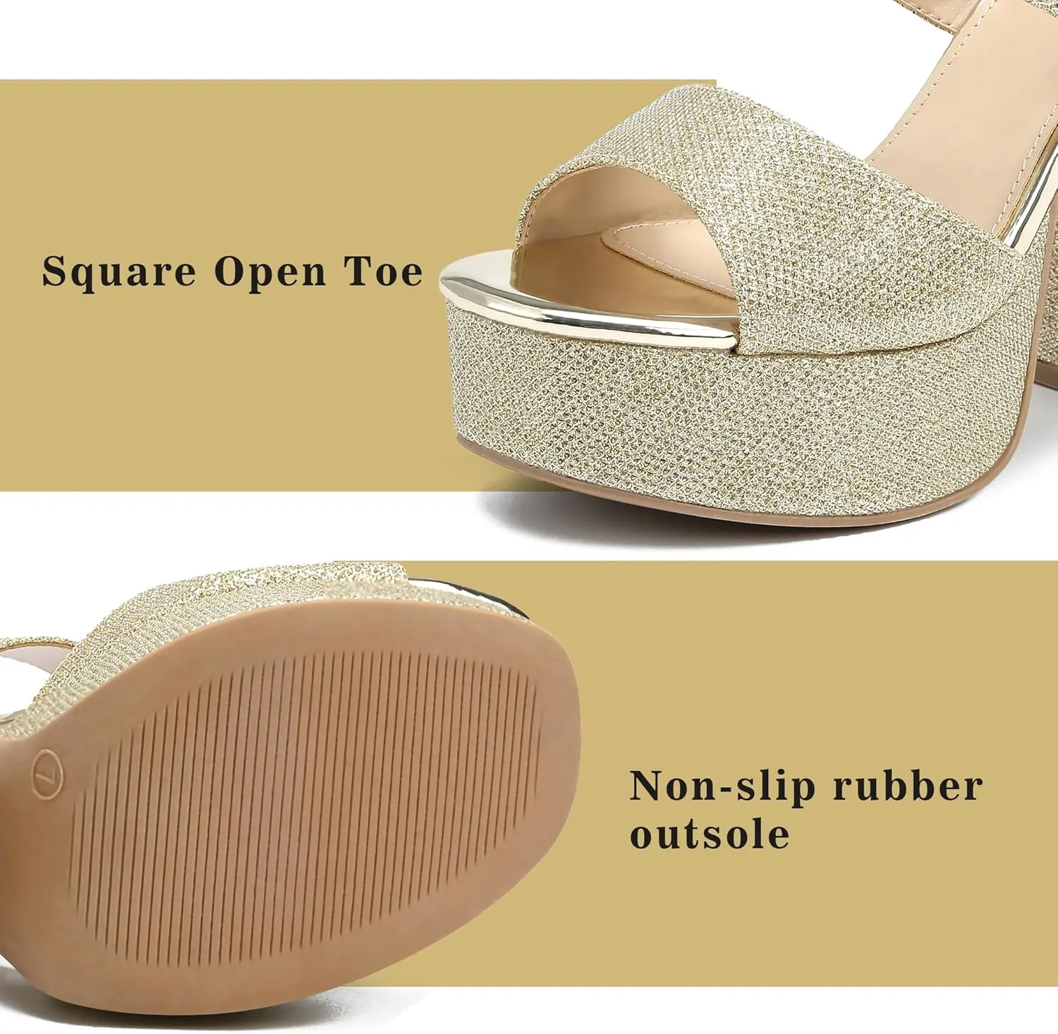 risdoada Platform Heels for Women 4.53 Inches Chunky High Heels Ankle Strap Square Toe Heeled Sandals Wedding Party Wedges Pumps