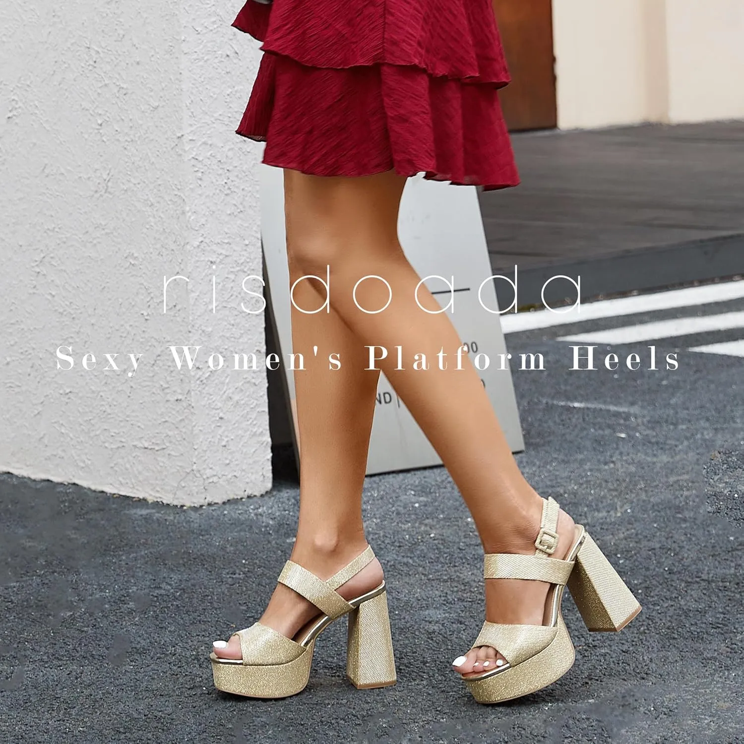 risdoada Platform Heels for Women 4.53 Inches Chunky High Heels Ankle Strap Square Toe Heeled Sandals Wedding Party Wedges Pumps
