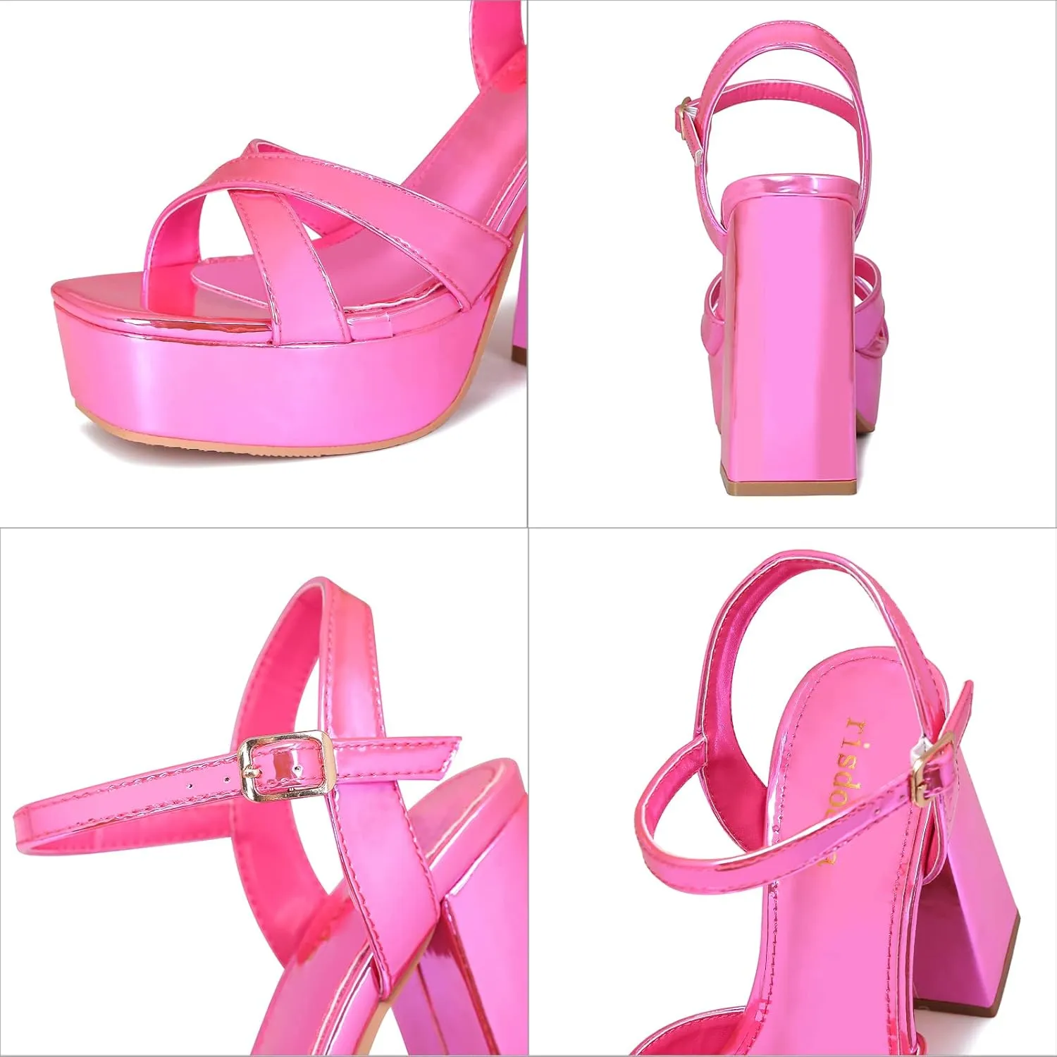 risdoada Women's Platform Heels Sandals Open Toe Ankle Strap Chunky Heeled Sandal Wedding Party Dress Patent Leather PU Pumps
