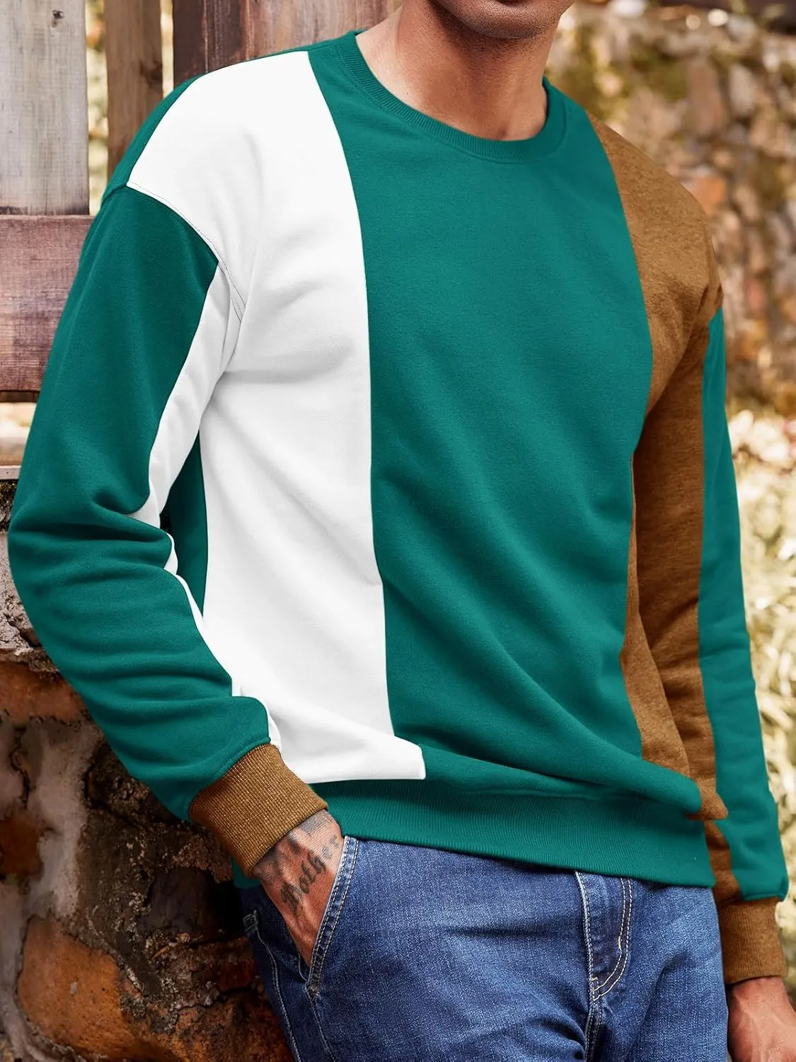 Runcati Mens Color Block Sweatshirt Pullover Crewneck Long Sleeve Fleece Casual Ribbed Patchwork Fall Tops