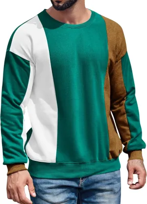 Runcati Mens Color Block Sweatshirt Pullover Crewneck Long Sleeve Fleece Casual Ribbed Patchwork Fall Tops