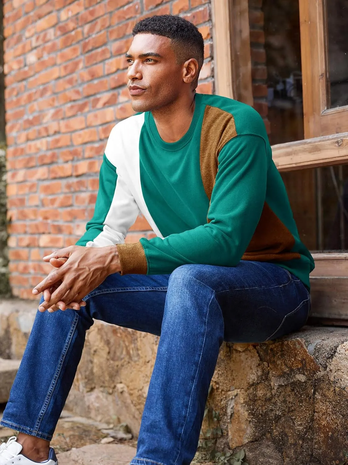 Runcati Mens Color Block Sweatshirt Pullover Crewneck Long Sleeve Fleece Casual Ribbed Patchwork Fall Tops