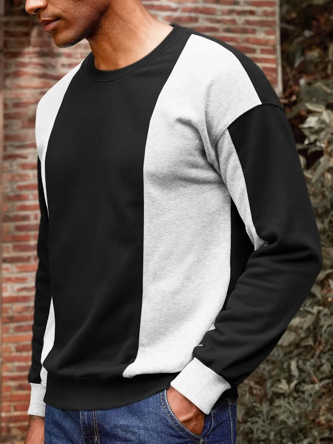 Runcati Mens Color Block Sweatshirt Pullover Crewneck Long Sleeve Fleece Casual Ribbed Patchwork Fall Tops
