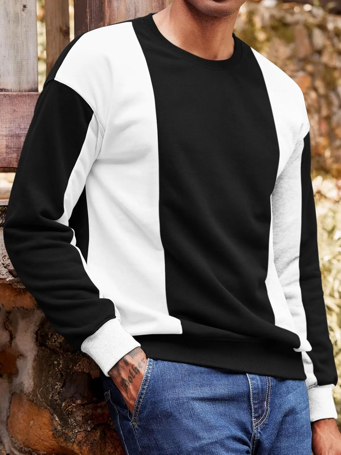 Runcati Mens Color Block Sweatshirt Pullover Crewneck Long Sleeve Fleece Casual Ribbed Patchwork Fall Tops