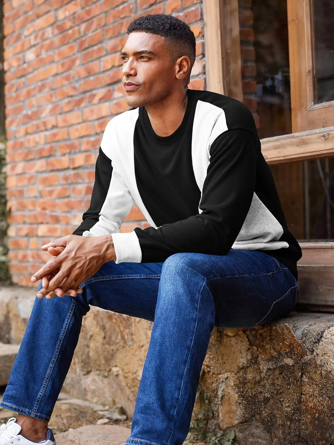 Runcati Mens Color Block Sweatshirt Pullover Crewneck Long Sleeve Fleece Casual Ribbed Patchwork Fall Tops