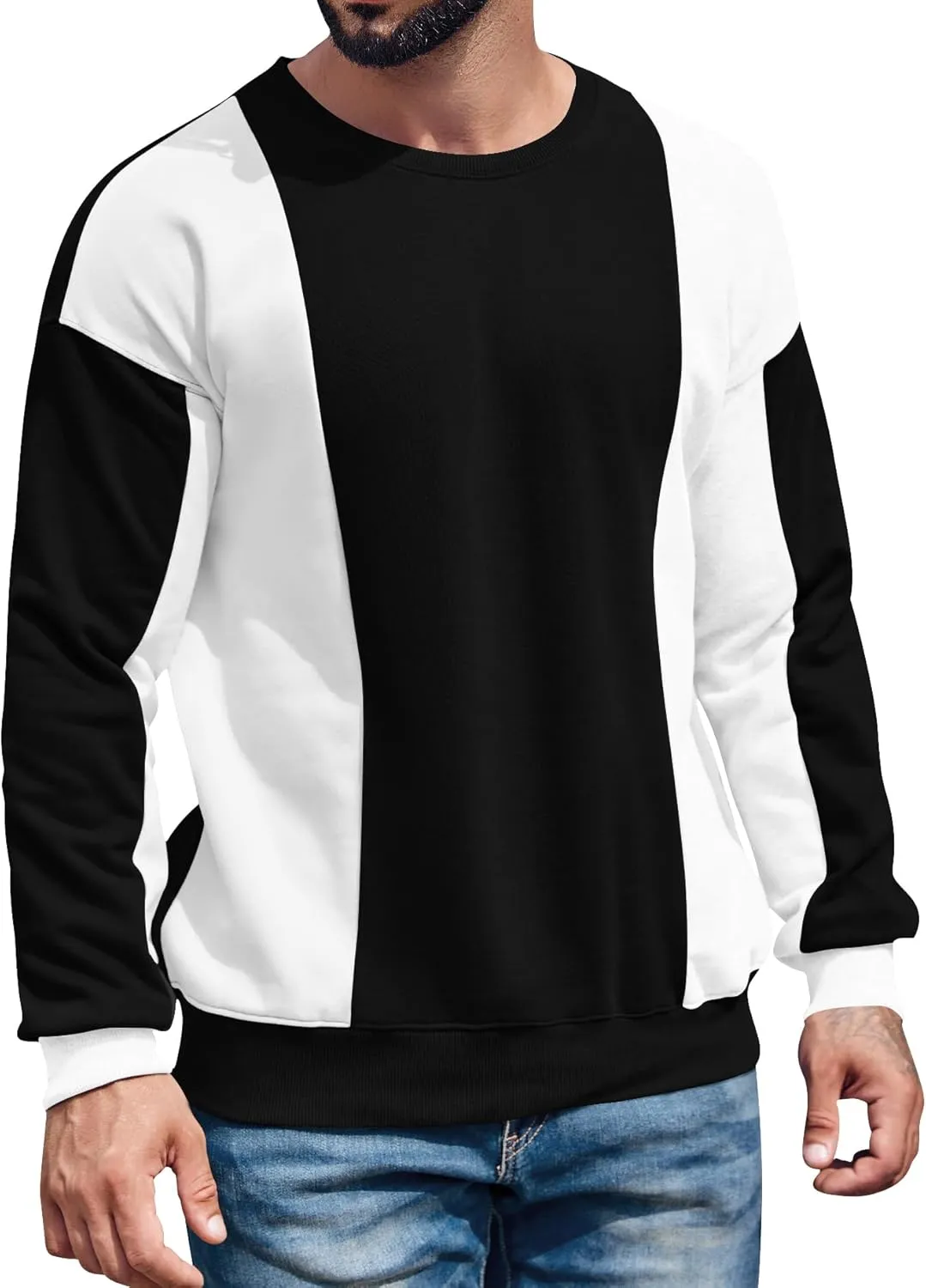 Runcati Mens Color Block Sweatshirt Pullover Crewneck Long Sleeve Fleece Casual Ribbed Patchwork Fall Tops