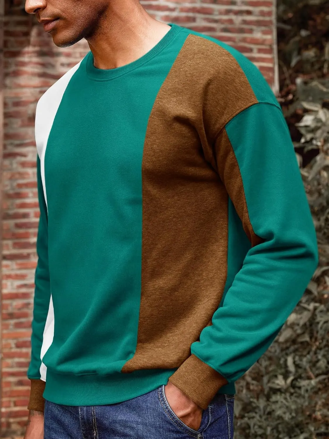 Runcati Mens Color Block Sweatshirt Pullover Crewneck Long Sleeve Fleece Casual Ribbed Patchwork Fall Tops