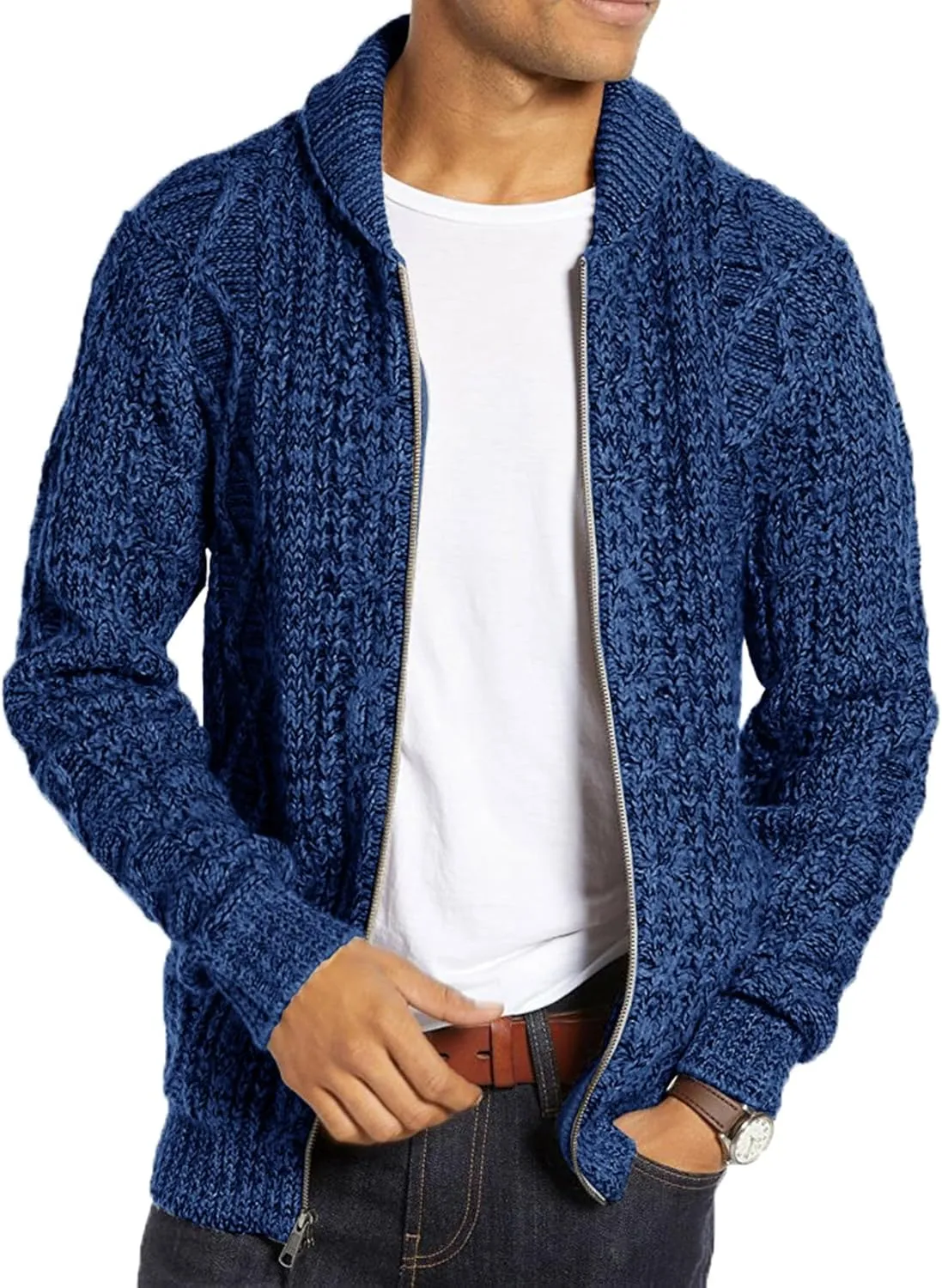 Ryannology Mens Shawl Neck Cardigan Sweater Cable Knit Zip Up Closure with Pockets Winter Sweaters Outerwear