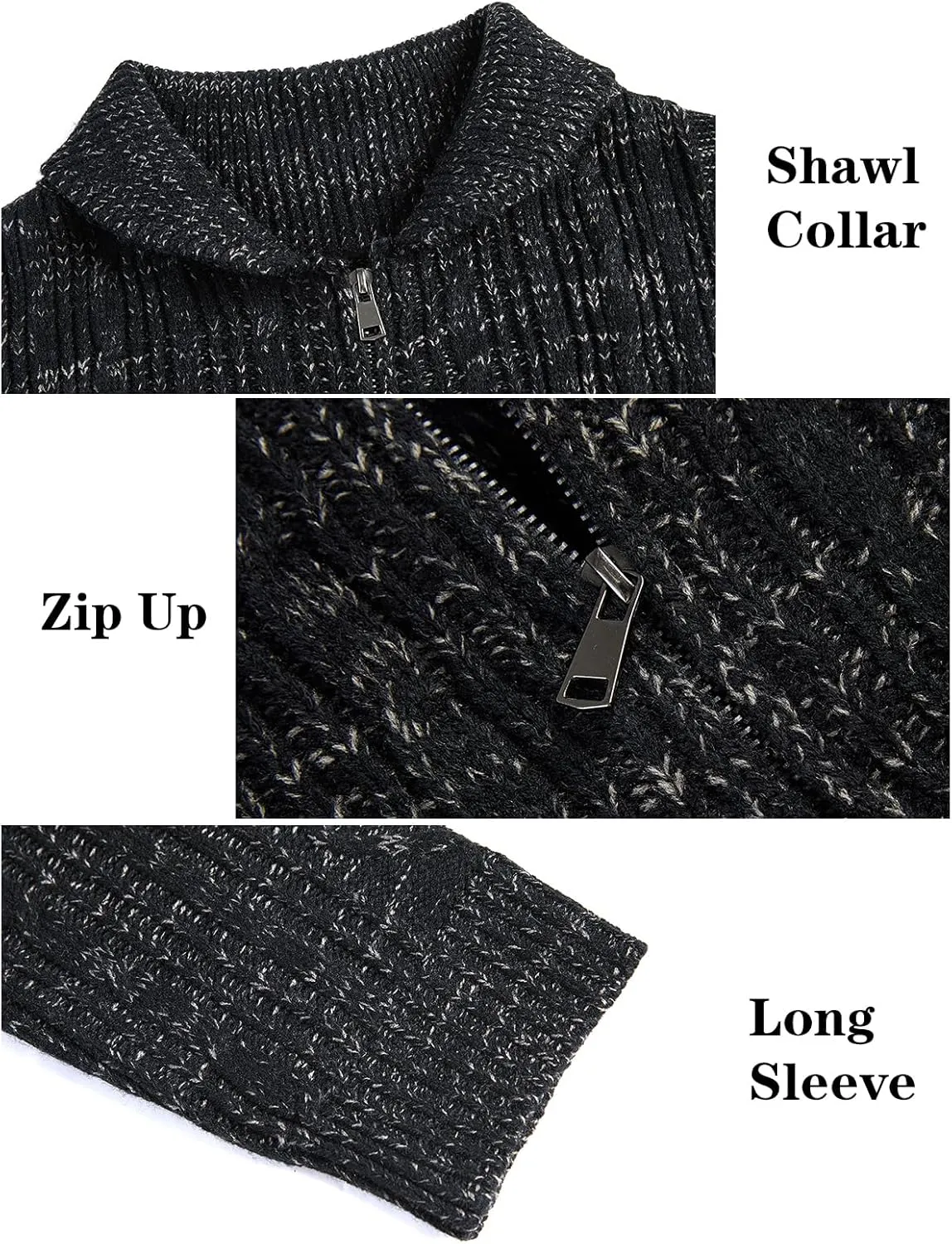 Ryannology Mens Shawl Neck Cardigan Sweater Cable Knit Zip Up Closure with Pockets Winter Sweaters Outerwear