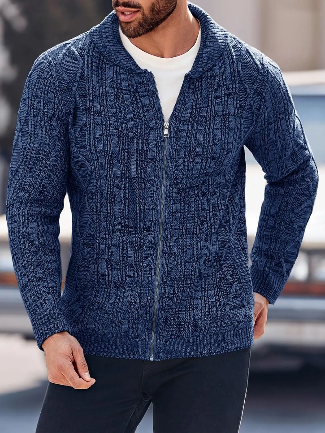 Ryannology Mens Shawl Neck Cardigan Sweater Cable Knit Zip Up Closure with Pockets Winter Sweaters Outerwear