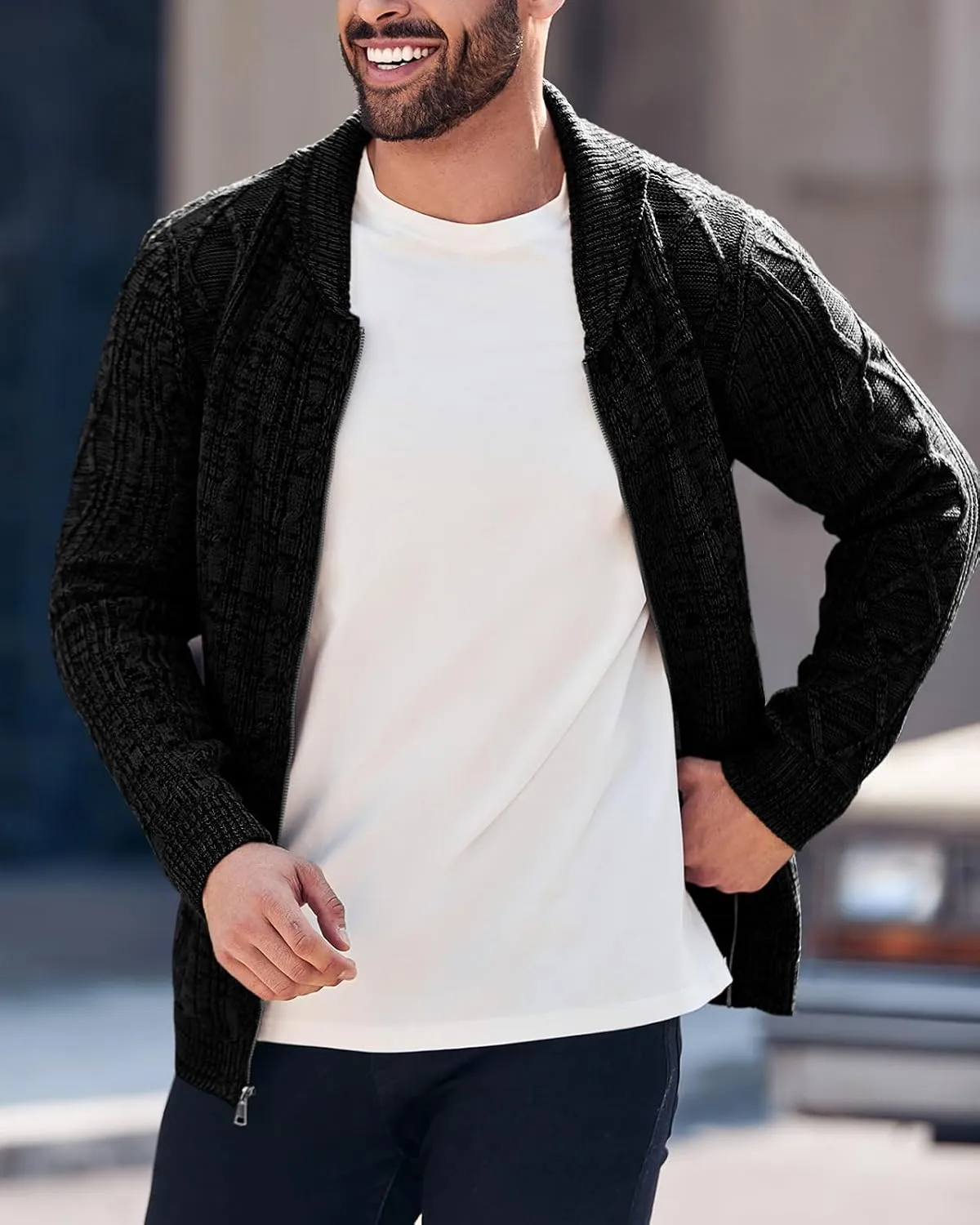 Ryannology Mens Shawl Neck Cardigan Sweater Cable Knit Zip Up Closure with Pockets Winter Sweaters Outerwear