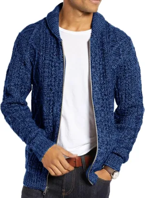 Ryannology Mens Shawl Neck Cardigan Sweater Cable Knit Zip Up Closure with Pockets Winter Sweaters Outerwear