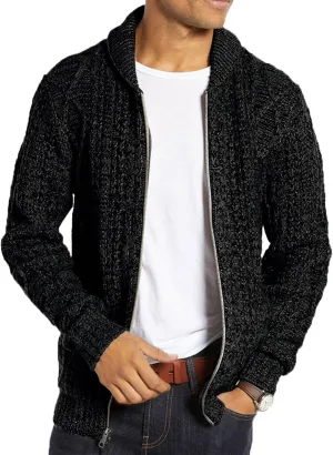 Ryannology Mens Shawl Neck Cardigan Sweater Cable Knit Zip Up Closure with Pockets Winter Sweaters Outerwear
