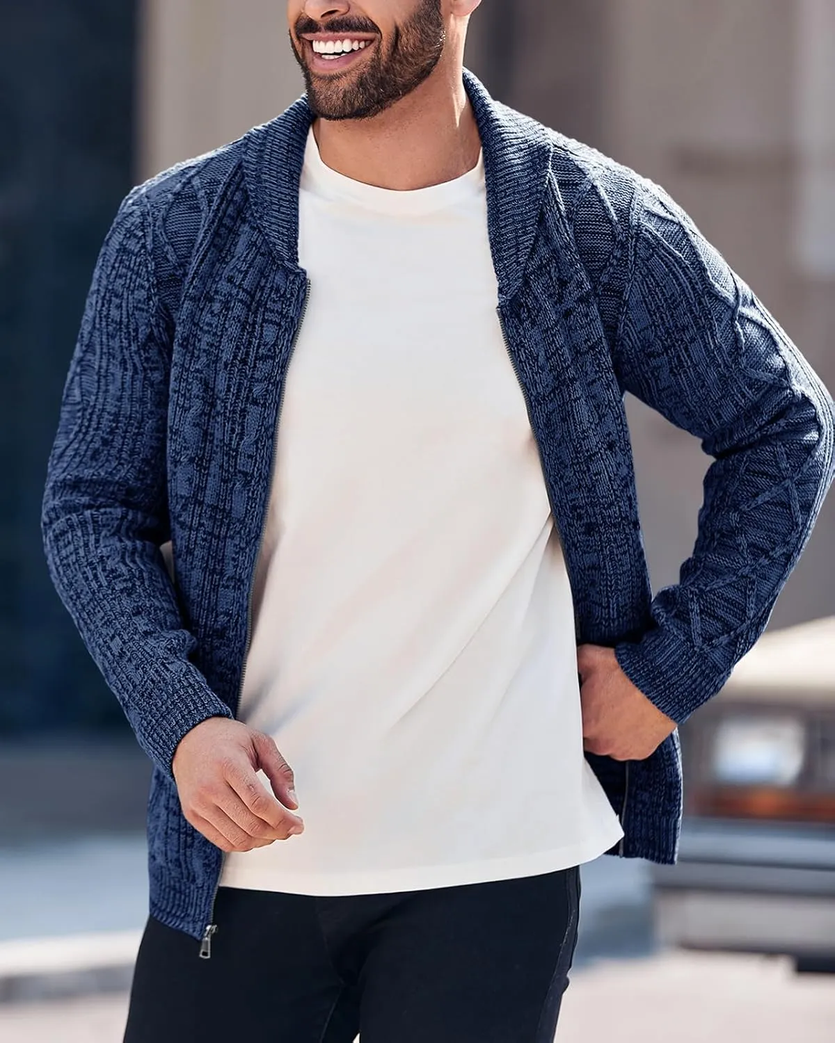 Ryannology Mens Shawl Neck Cardigan Sweater Cable Knit Zip Up Closure with Pockets Winter Sweaters Outerwear