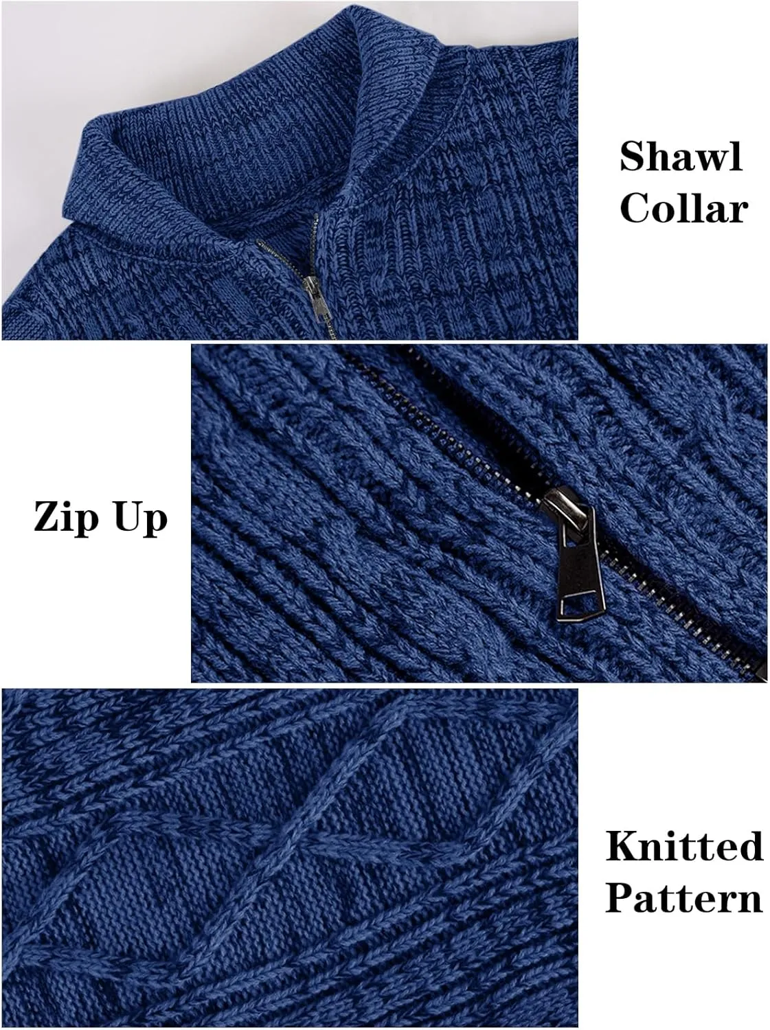 Ryannology Mens Shawl Neck Cardigan Sweater Cable Knit Zip Up Closure with Pockets Winter Sweaters Outerwear