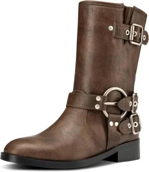 Saekcted Womens Chunky Block Low Heel Mid Calf Boots Riding Boots Slip-on Buckle Party Basic Classic Motorcycle Boots Buckle Biker Boots
