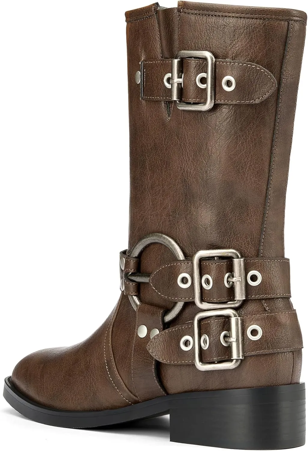 Saekcted Womens Chunky Block Low Heel Mid Calf Boots Riding Boots Slip-on Buckle Party Basic Classic Motorcycle Boots Buckle Biker Boots