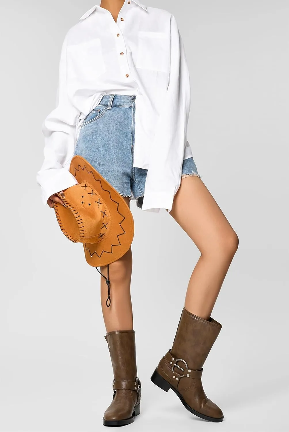 Saekcted Womens Chunky Block Low Heel Mid Calf Boots Riding Boots Slip-on Buckle Party Basic Classic Motorcycle Boots Buckle Biker Boots