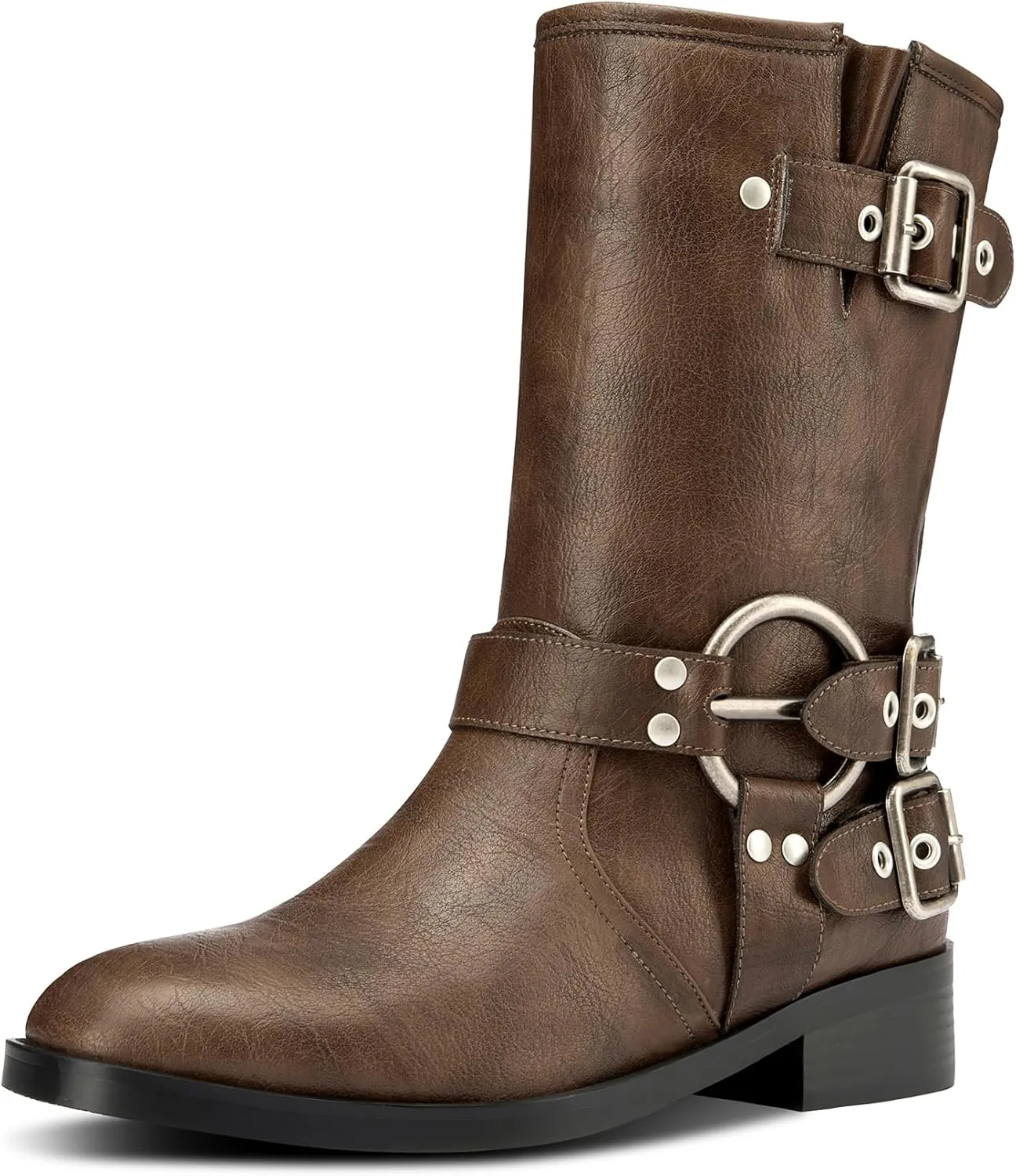 Saekcted Womens Chunky Block Low Heel Mid Calf Boots Riding Boots Slip-on Buckle Party Basic Classic Motorcycle Boots Buckle Biker Boots