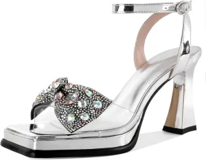 SAMMITOP Women's Double Bowknots Crystal Sandals Platform Chunky Heels Clear Square Toe Strappy Lace Up Rhinestone Dress Sandals Shoes 3.5 Inch
