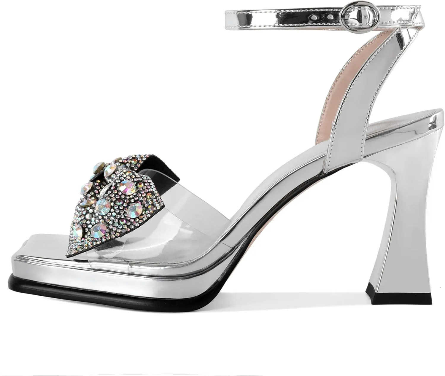 SAMMITOP Women's Double Bowknots Crystal Sandals Platform Chunky Heels Clear Square Toe Strappy Lace Up Rhinestone Dress Sandals Shoes 3.5 Inch