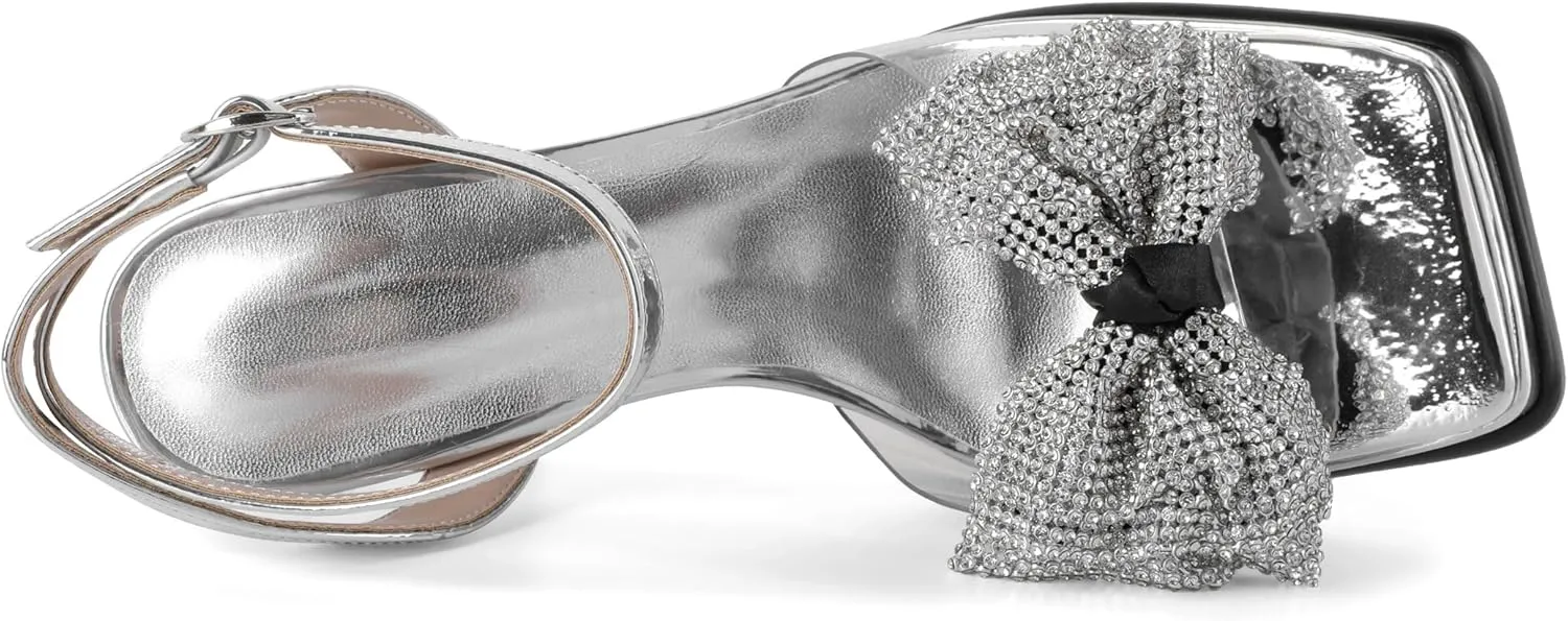 SAMMITOP Women's Double Bowknots Crystal Sandals Platform Chunky Heels Clear Square Toe Strappy Lace Up Rhinestone Dress Sandals Shoes 3.5 Inch
