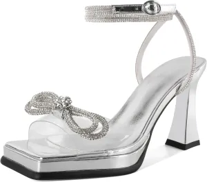 SAMMITOP Women's Double Bowknots Crystal Sandals Platform Chunky Heels Clear Square Toe Strappy Lace Up Rhinestone Dress Sandals Shoes 3.5 Inch