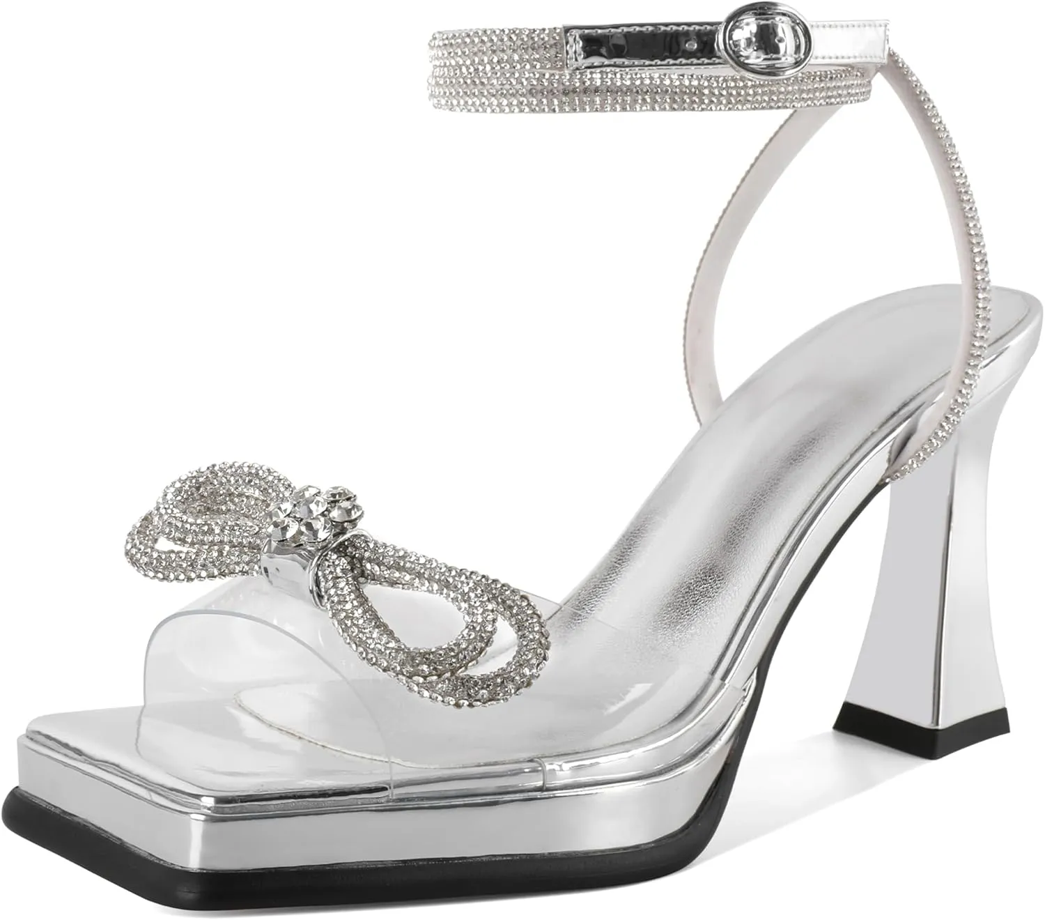 SAMMITOP Women's Double Bowknots Crystal Sandals Platform Chunky Heels Clear Square Toe Strappy Lace Up Rhinestone Dress Sandals Shoes 3.5 Inch