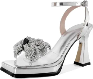 SAMMITOP Women's Double Bowknots Crystal Sandals Platform Chunky Heels Clear Square Toe Strappy Lace Up Rhinestone Dress Sandals Shoes 3.5 Inch