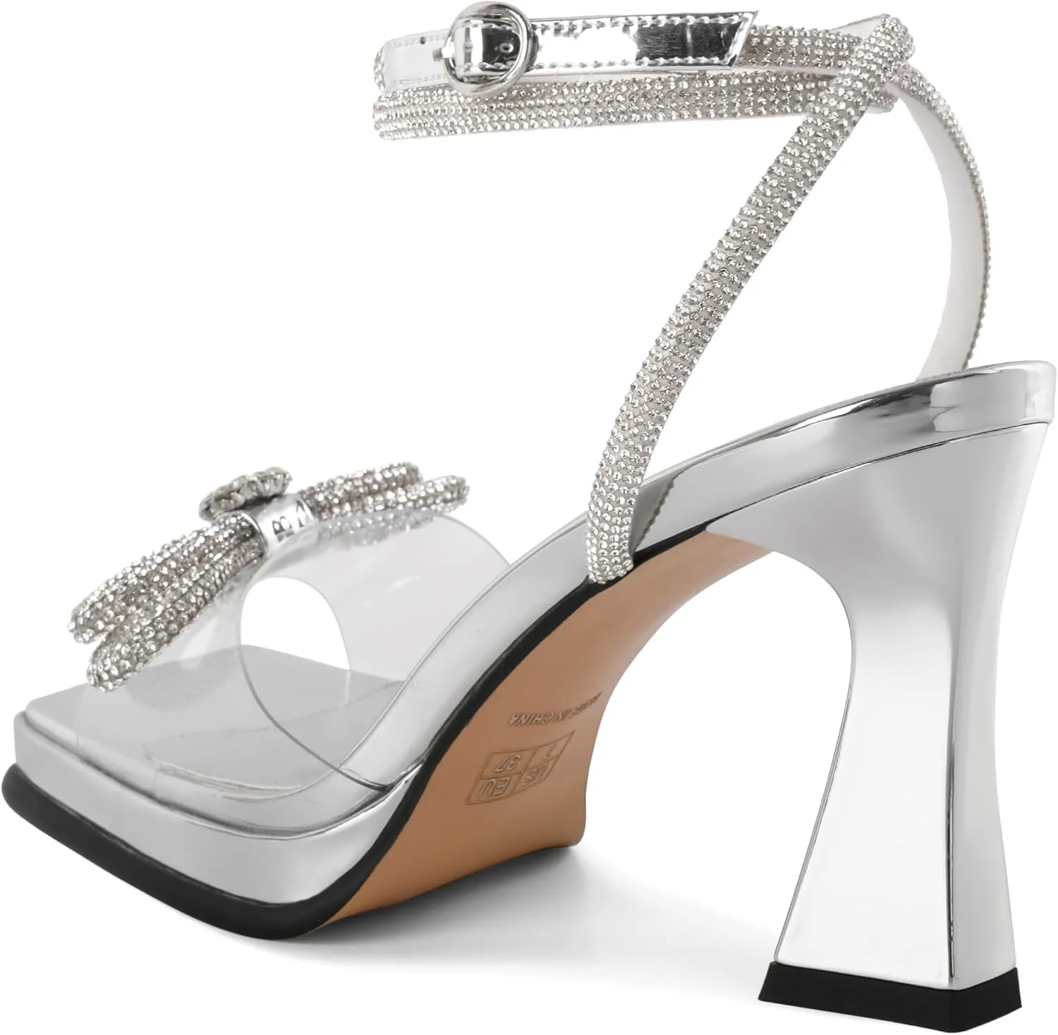 SAMMITOP Women's Double Bowknots Crystal Sandals Platform Chunky Heels Clear Square Toe Strappy Lace Up Rhinestone Dress Sandals Shoes 3.5 Inch