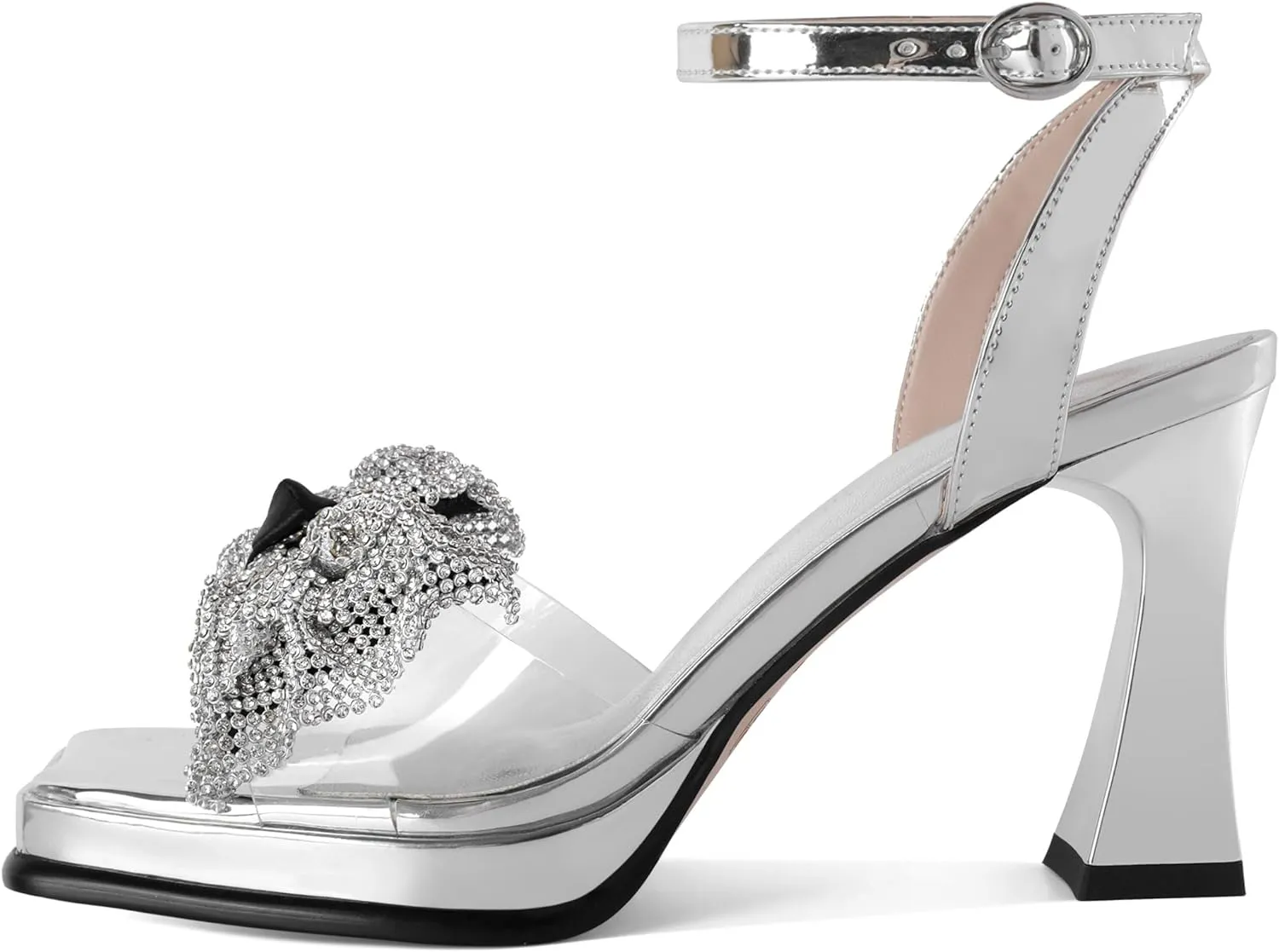 SAMMITOP Women's Double Bowknots Crystal Sandals Platform Chunky Heels Clear Square Toe Strappy Lace Up Rhinestone Dress Sandals Shoes 3.5 Inch