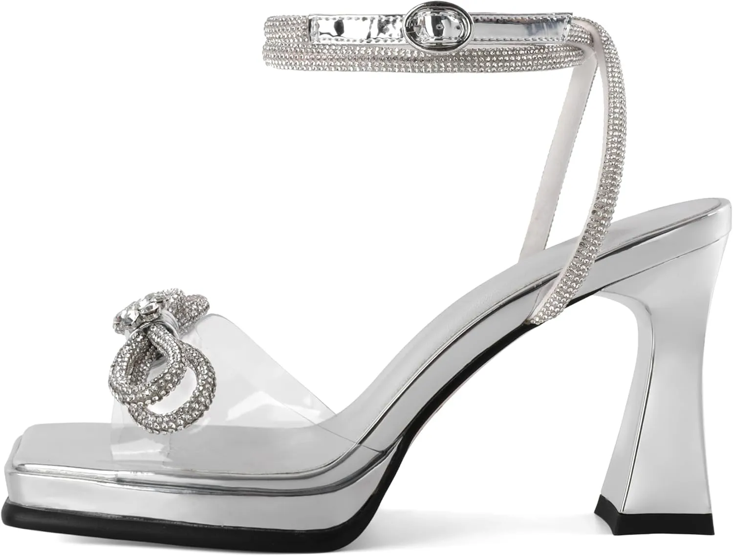 SAMMITOP Women's Double Bowknots Crystal Sandals Platform Chunky Heels Clear Square Toe Strappy Lace Up Rhinestone Dress Sandals Shoes 3.5 Inch