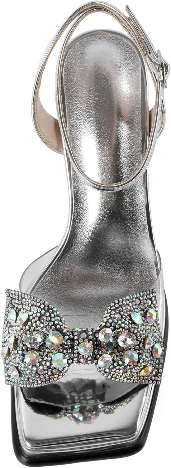 SAMMITOP Women's Double Bowknots Crystal Sandals Platform Chunky Heels Clear Square Toe Strappy Lace Up Rhinestone Dress Sandals Shoes 3.5 Inch