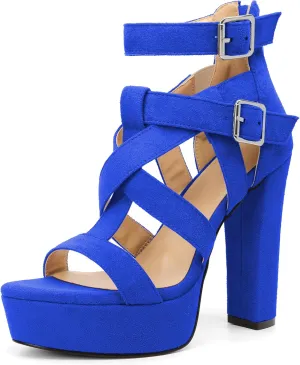 SAMMITOP Women's High Heel Sandals Chunky Block Platform Heels Strappy Gladiator Sexy Open Toe Ankle Strap Dressy Pumps Shoes with Back Zip 4.7 Inch