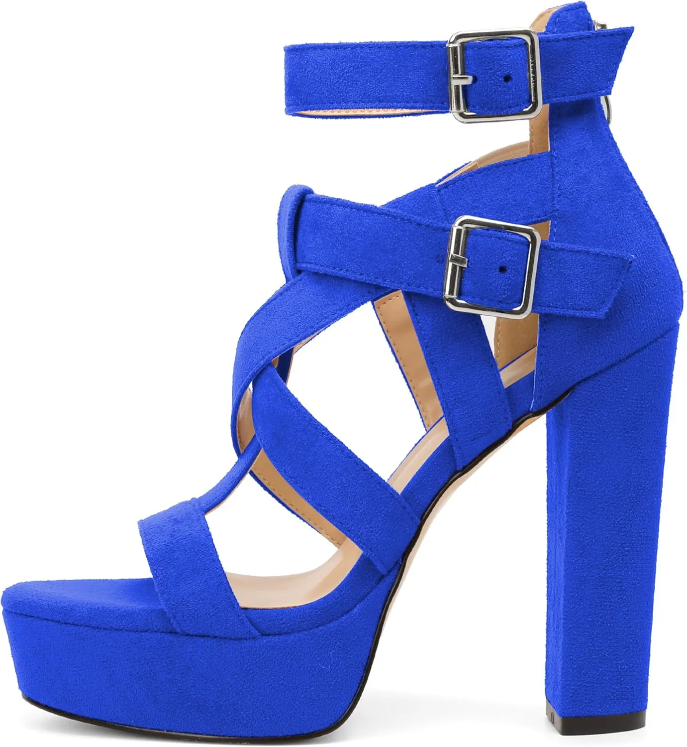 SAMMITOP Women's High Heel Sandals Chunky Block Platform Heels Strappy Gladiator Sexy Open Toe Ankle Strap Dressy Pumps Shoes with Back Zip 4.7 Inch