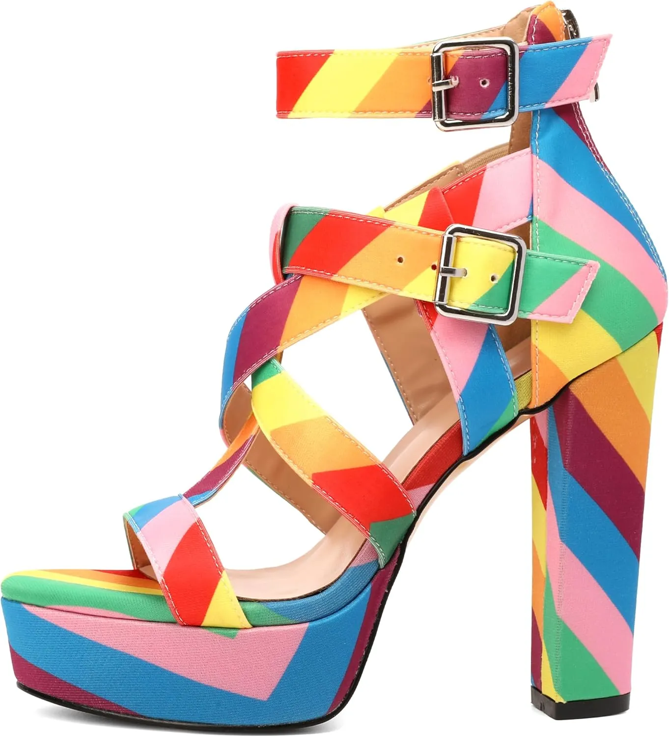 SAMMITOP Women's High Heel Sandals Chunky Block Platform Heels Strappy Gladiator Sexy Open Toe Ankle Strap Dressy Pumps Shoes with Back Zip 4.7 Inch