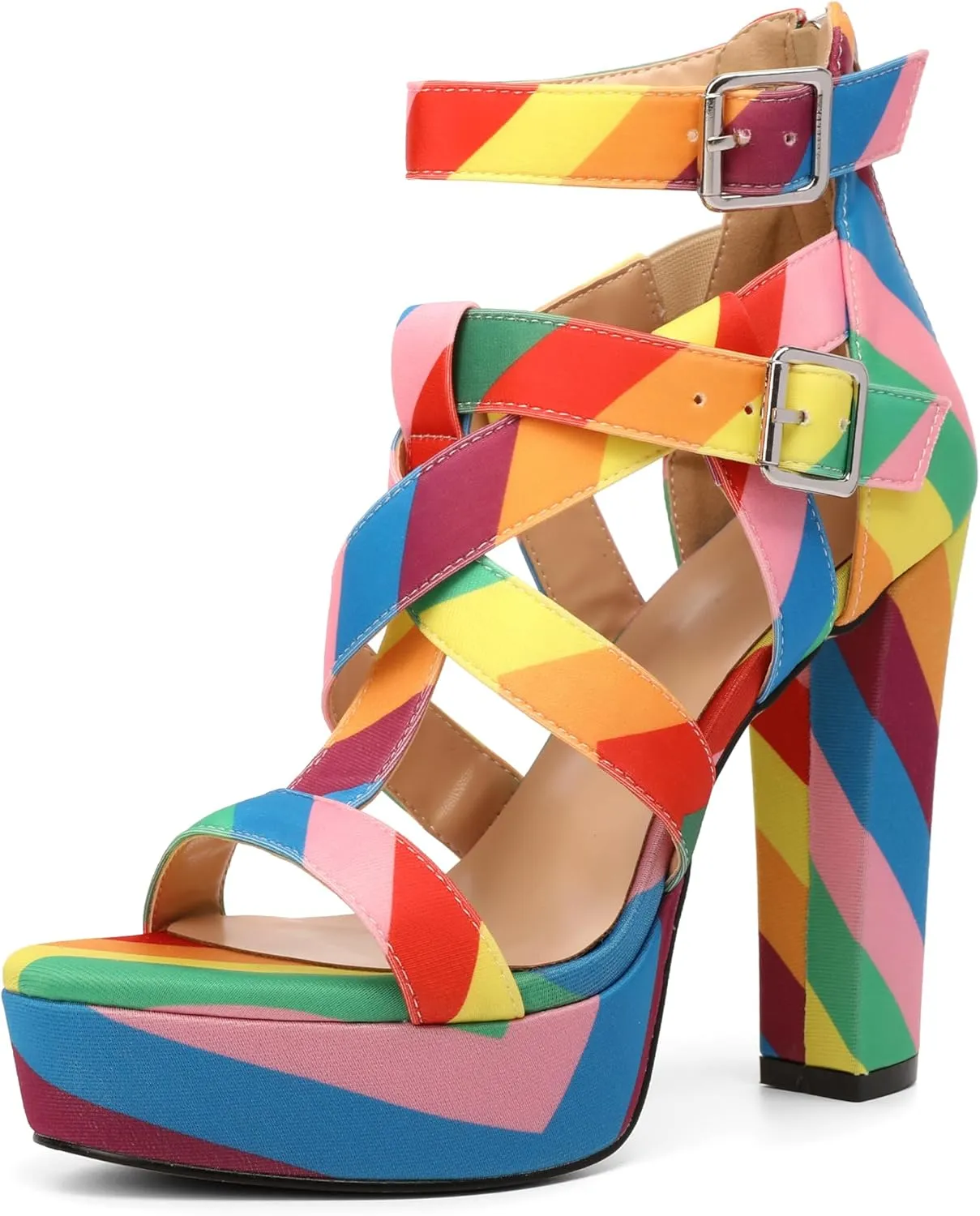 SAMMITOP Women's High Heel Sandals Chunky Block Platform Heels Strappy Gladiator Sexy Open Toe Ankle Strap Dressy Pumps Shoes with Back Zip 4.7 Inch