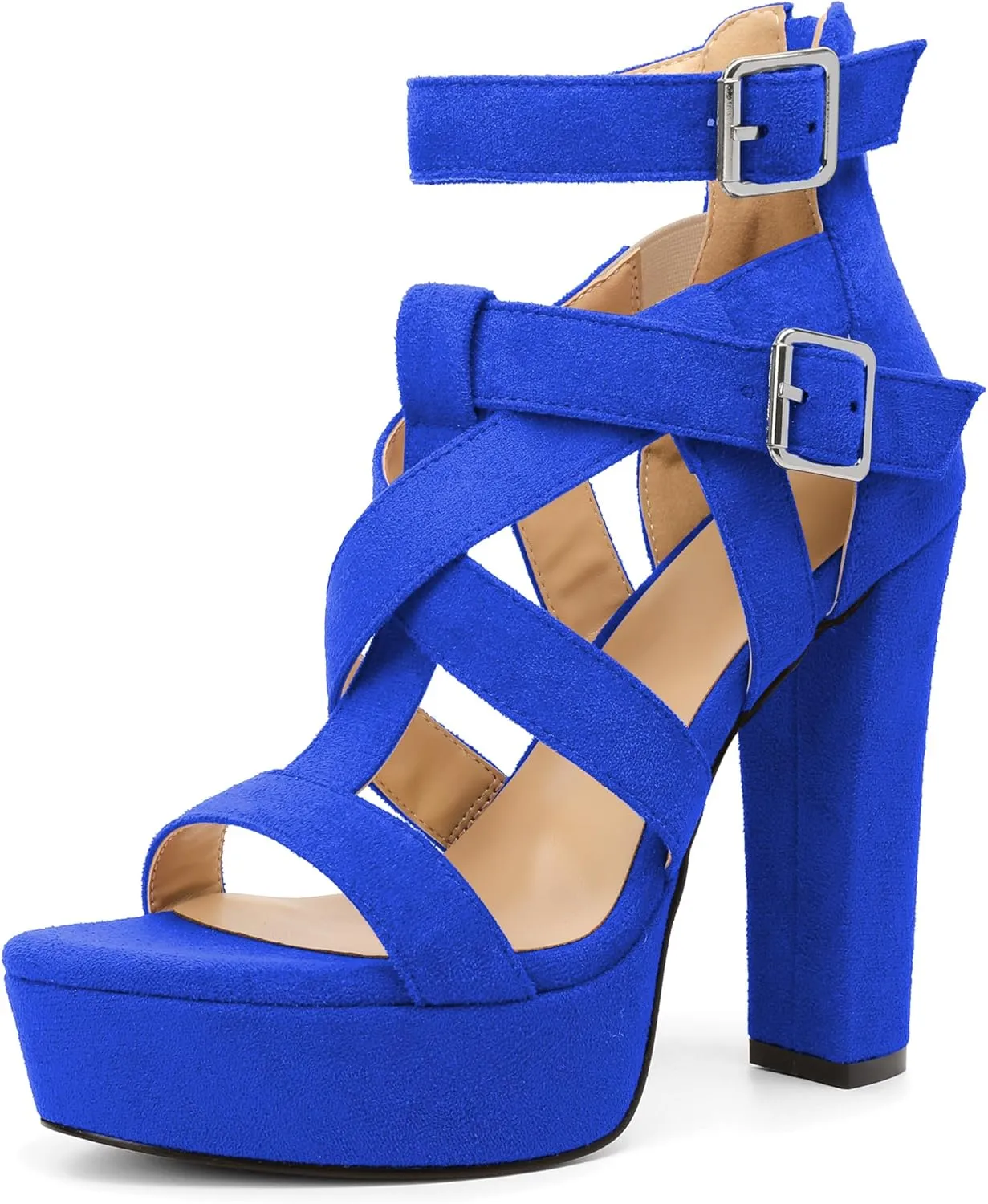 SAMMITOP Women's High Heel Sandals Chunky Block Platform Heels Strappy Gladiator Sexy Open Toe Ankle Strap Dressy Pumps Shoes with Back Zip 4.7 Inch