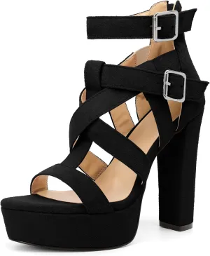 SAMMITOP Women's High Heel Sandals Chunky Block Platform Heels Strappy Gladiator Sexy Open Toe Ankle Strap Dressy Pumps Shoes with Back Zip 4.7 Inch