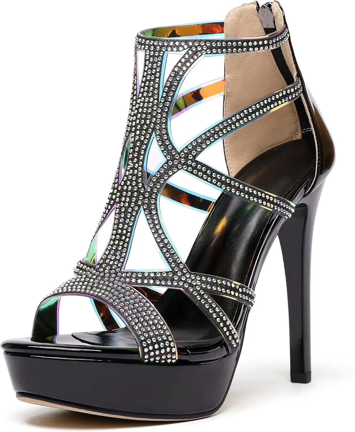 SAMMITOP Women's High Heel Sandals with Rinestones, Sexy Gladiator Platform Sandals, Open Toe Strappy Pumps shoes for Party Event Night Dress