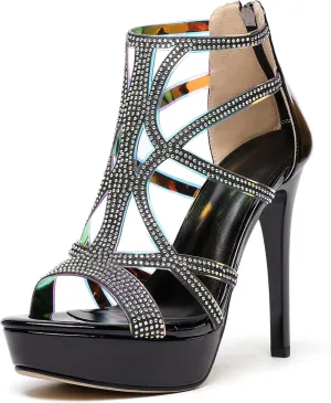 SAMMITOP Women's High Heel Sandals with Rinestones, Sexy Gladiator Platform Sandals, Open Toe Strappy Pumps shoes for Party Event Night Dress