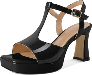 SAMMITOP Women's Platform Chunky High Heels T-Strap Sexy Sandals Open Square Toe Ankle Strap Wedding Party Prom Dress Shoes 3.5 Inch