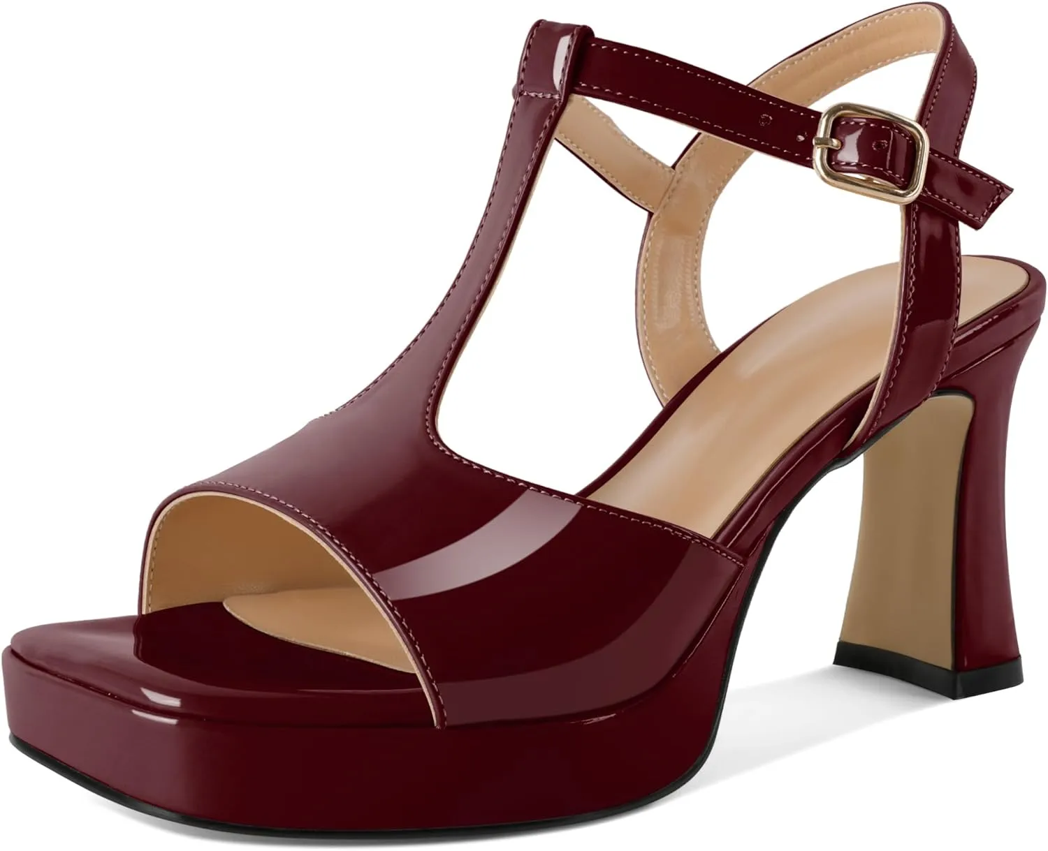 SAMMITOP Women's Platform Chunky High Heels T-Strap Sexy Sandals Open Square Toe Ankle Strap Wedding Party Prom Dress Shoes 3.5 Inch