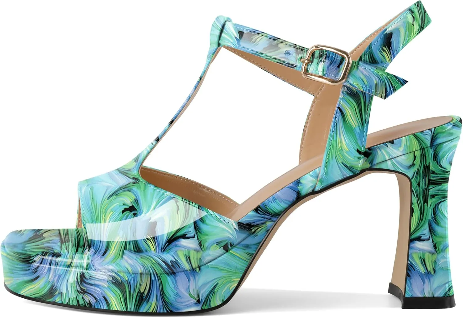 SAMMITOP Women's Platform Chunky High Heels T-Strap Sexy Sandals Open Square Toe Ankle Strap Wedding Party Prom Dress Shoes 3.5 Inch