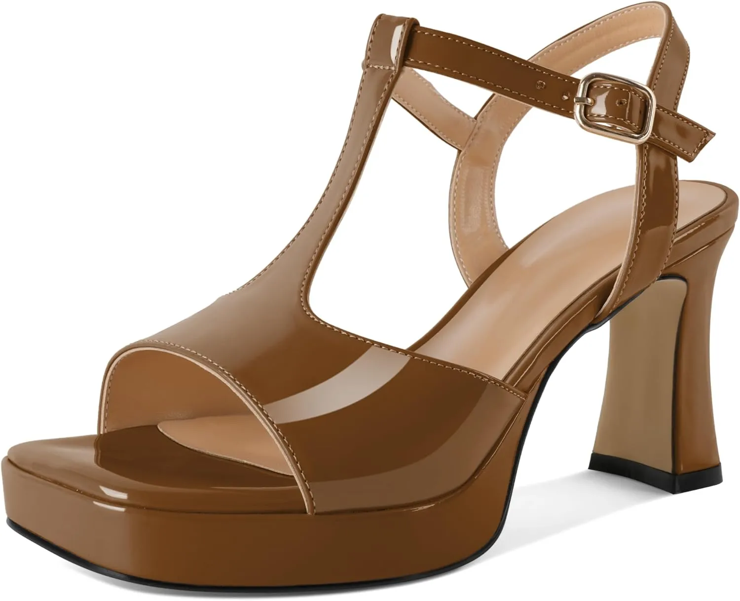 SAMMITOP Women's Platform Chunky High Heels T-Strap Sexy Sandals Open Square Toe Ankle Strap Wedding Party Prom Dress Shoes 3.5 Inch