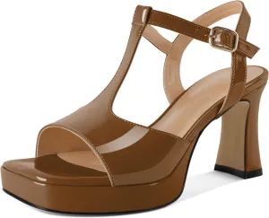 SAMMITOP Women's Platform Chunky High Heels T-Strap Sexy Sandals Open Square Toe Ankle Strap Wedding Party Prom Dress Shoes 3.5 Inch