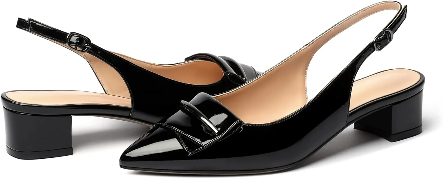 SAMMITOP Women's Slingback Pointed Toe Block Chunky Low Heel Pumps Shoes with Buckle for Office Dress